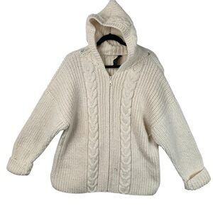 Handmade Ecuador Cream Cable Knit Hooded Wool Sweater XL Oversized Cozycore
